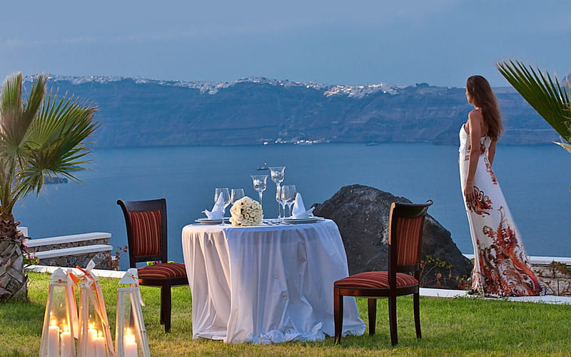 Enjoying the Beauty, View, Chairs, Mountain, Table, Ocean, Woman, Dining, HD wallpaper