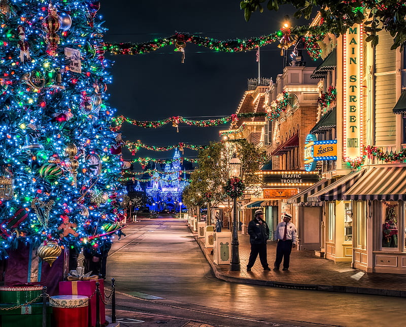 Christmas Time, christmas tree, christmas, town, christmas decoration, xmas, lights, city, merry christmas, splendor, magic christmas, streets, road, disney, blue, HD wallpaper