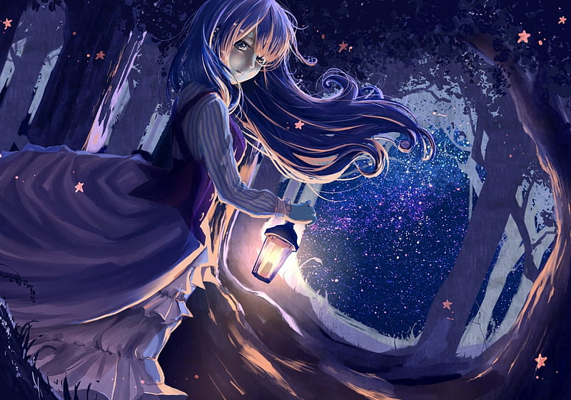 Come with me!, forest, lantern, luminos, woods, manga, ryouya, tree, girl, purple, anime, dark, star, light, night, HD wallpaper