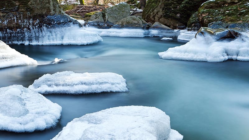A wintery creek in the Eifel region, Germany, snow, ice, river, landscape, trees, water, forest, HD wallpaper