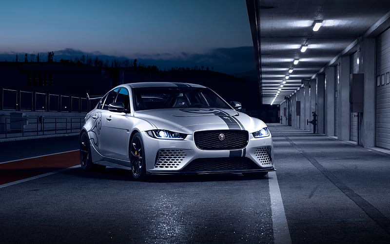 Jaguar XE SV Project 8, 2018, front view, racing sedan, tuning, new silver XE, exterior, black wheels, racing track, Jaguar, HD wallpaper