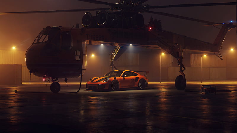 Porsche GT2RS With Helicopter, porsche-911-gt2-r, porsche-911, porsche, carros, 2018-cars, artist, behance, HD wallpaper