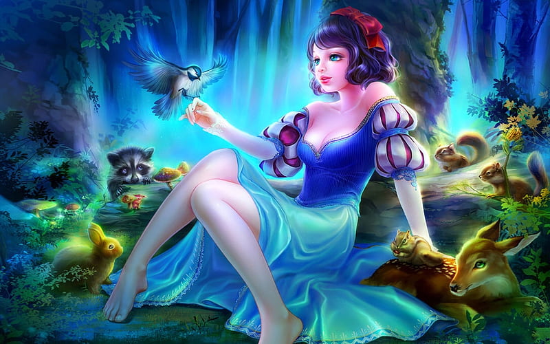 Snow White, lovely, Disney, birds, cartoon, Fantasy, Deer, Magical, sweetness, Animals, HD wallpaper