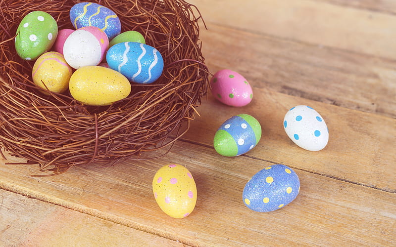 multicolored easter eggs, nest, Easter, 2018, festive decoration, spring religious holidays, HD wallpaper