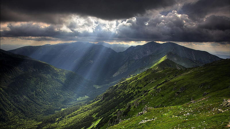 heavenly light over balkan mountains, mountain, forest, sun rays, clouds, valley, HD wallpaper