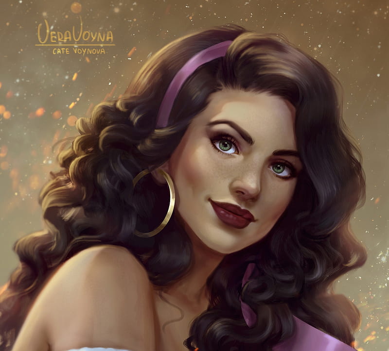 Esmeralda, art, fantasy, purple, luminos, gipsy, face, portrait, cate voynova, HD wallpaper