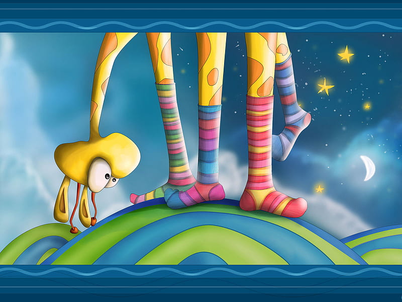 Heading Down, colorful, stars, moon, legs, head, socks, funny, giraffe, HD wallpaper
