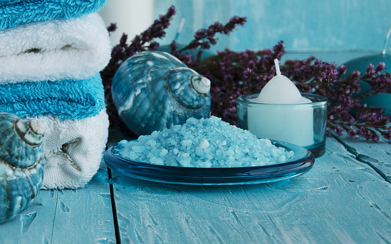 blue spa salt, wellness, spa salt, spa accessories, sea salt, blue shell, HD wallpaper