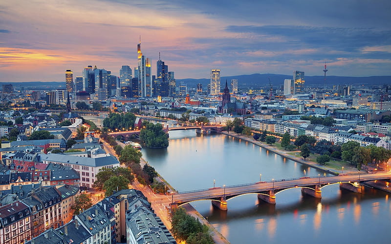 Germany, Frankfurt am Main, evening city, Main River, bridge, HD wallpaper
