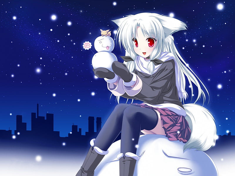 Yuki Fox Girl, red, christmas, white hair, snowman, yuki, girl, snowing, fox, snow, foxgirl, white, red eyes, HD wallpaper