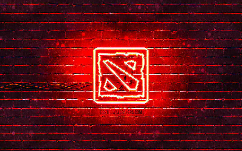 Dota 2 red logo red brickwall, Dota 2 logo, artwork, Dota 2 neon logo, Dota 2, HD wallpaper