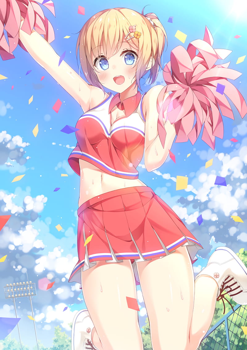 girl, cheerleader, pom-poms, anime, HD phone wallpaper