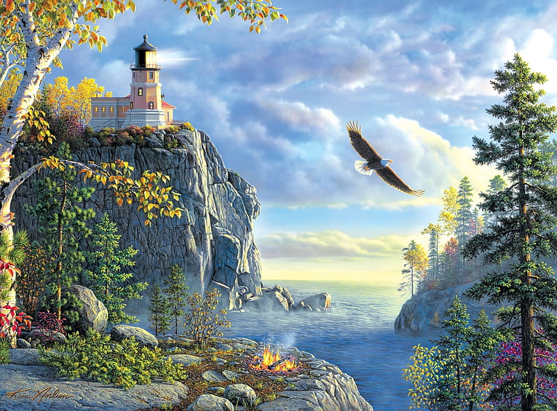 Lighthouse, art, eagle, bird, pictura, kim norlien, vara, sea, summer, painting, HD wallpaper