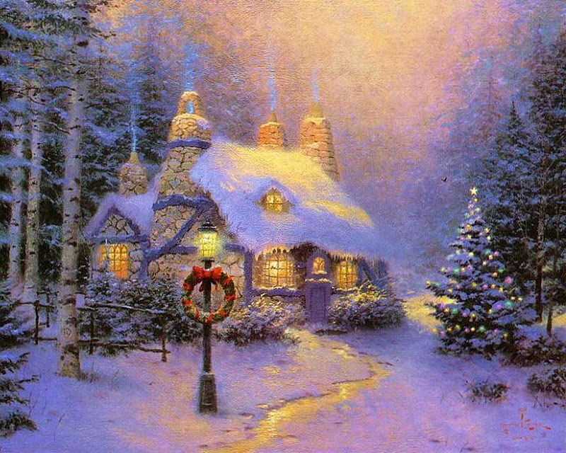 Stonehearth Hutch, painting, forest, kinkade, winter, HD wallpaper | Peakpx