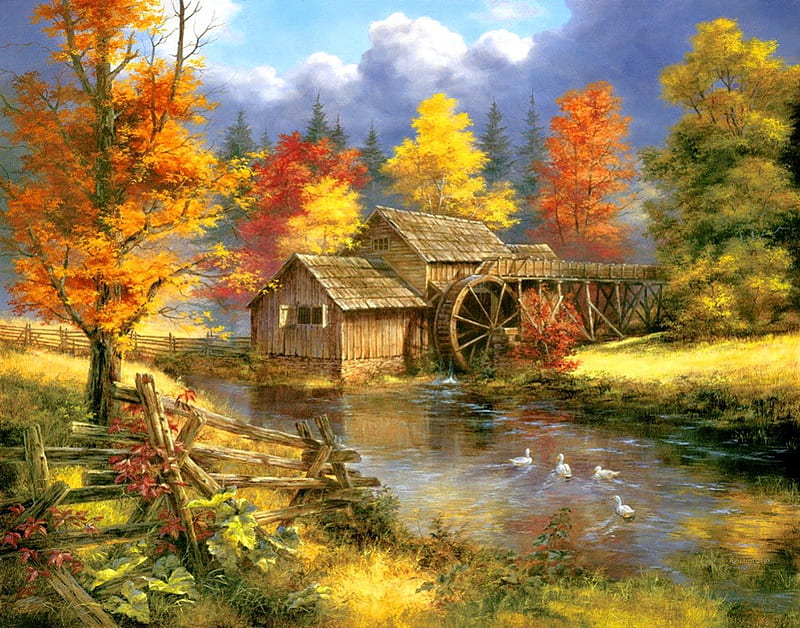 Forest mill, fall, pretty, colorful, autumn, shore, grass, mill ...