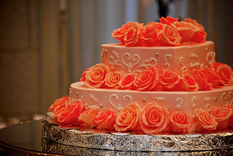 WEDDING CAKE, cake, roses, wedding, orange, HD wallpaper