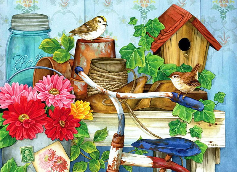 Garden Working Table, birds house, bird, painting, bicycle, flowers, blossoms, artwork, HD wallpaper