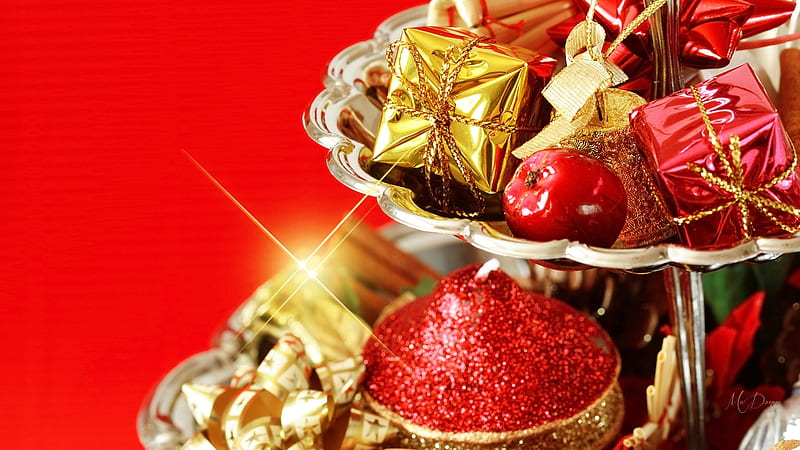 Christmas Goodies, Christmas, candle, candy, apple, food, packages, tray, gifts, HD wallpaper