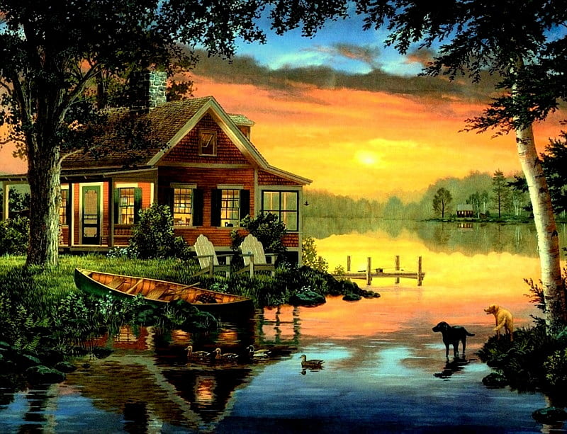 Sundown, fishing pole, ducks, sunset, cabin, canoe, trees, cat, lake, boat, water, dock, tackle, chairs, dogs, HD wallpaper