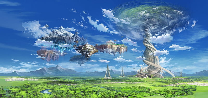 Sword Art Online, scenic, bonito, fantasy, anime, fantays land, beauty, scenery, cloud, sky, sao, alo, magical, fortress, scene, field, landscape, HD wallpaper