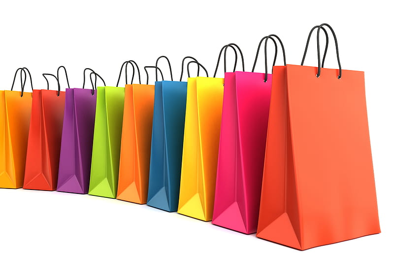Shopping day, colorful, shopping, bag, day, rainbow, white, card, HD wallpaper