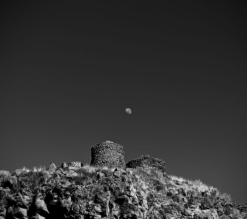 towers by moonlight, amazing, black and white, hill, moon, south america, tower, HD wallpaper