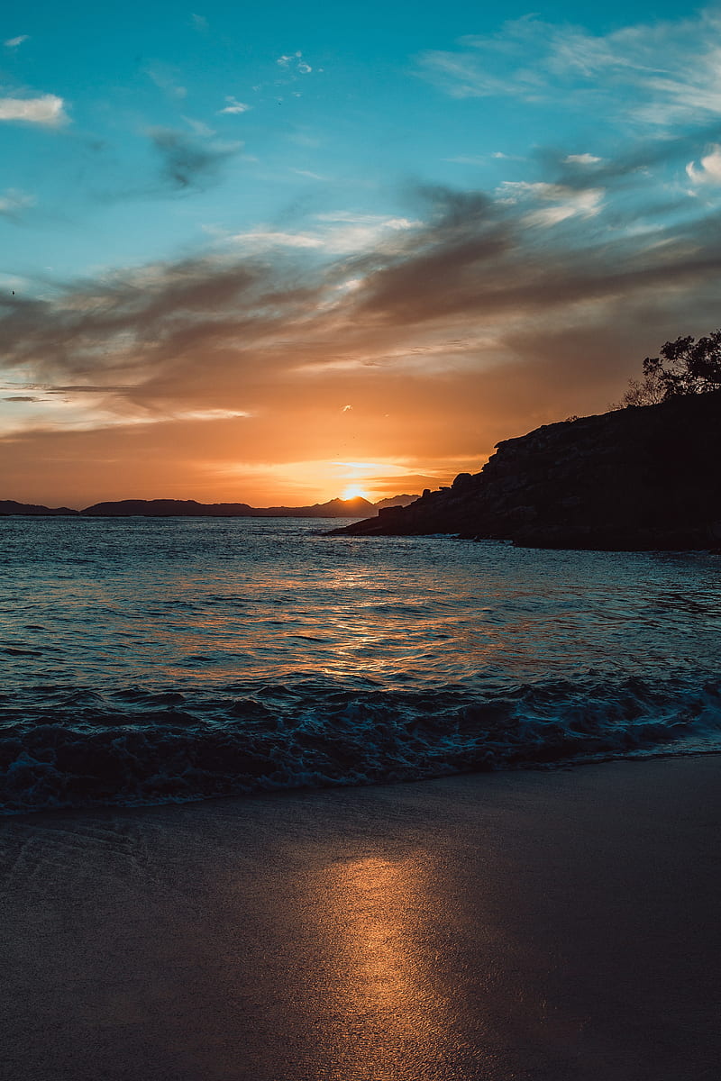 sunset, sun, waves, beach, HD phone wallpaper