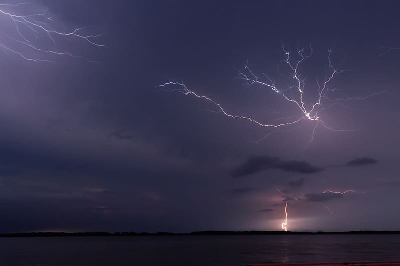 lake, lightning, sky, evening, HD wallpaper
