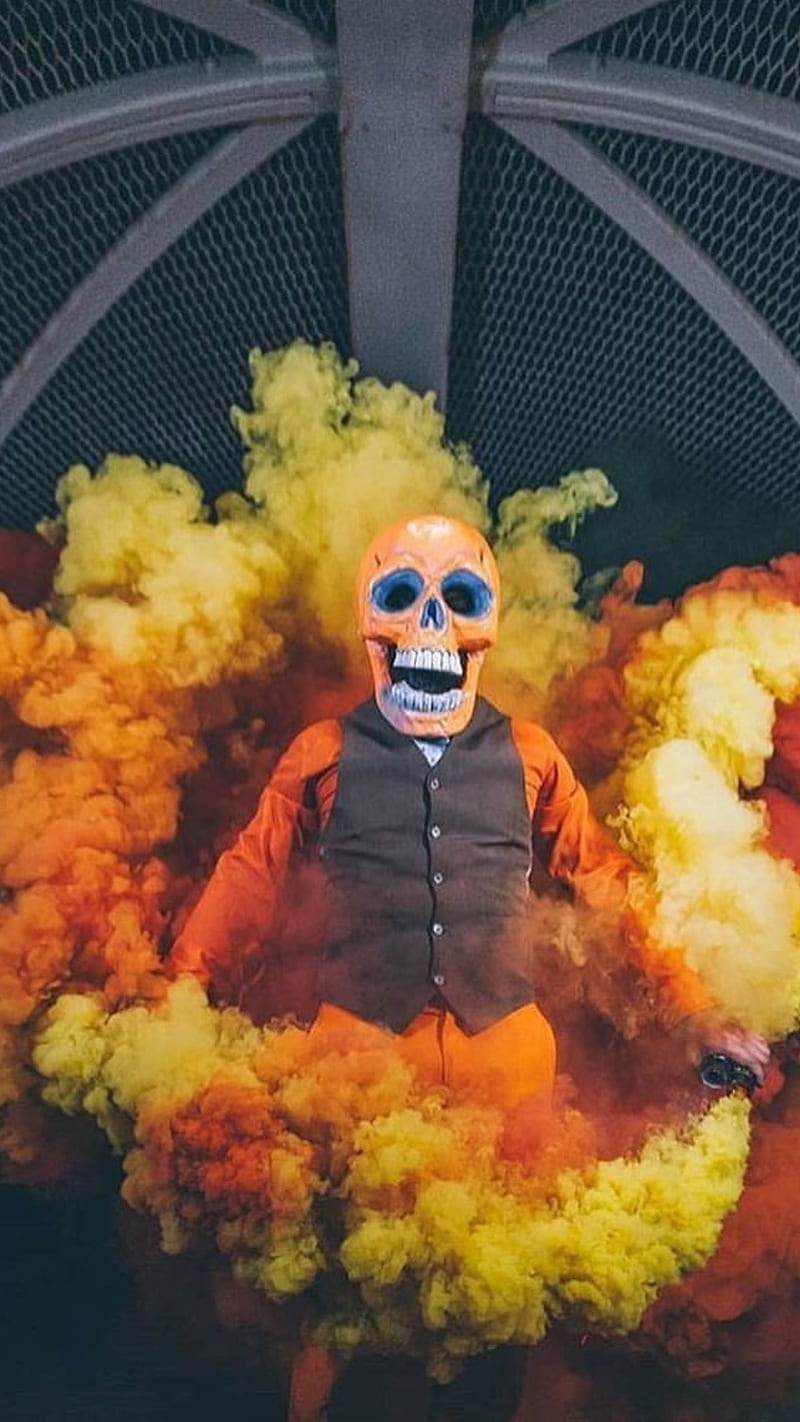 Laughing skull, colors, human, orange, smoke, yellow, HD phone wallpaper