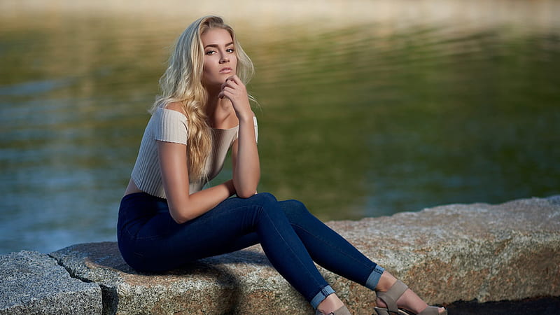 Girl Model Is Sitting On Rock Stone In Water Background Wearing Blue White Dress Girls, HD wallpaper