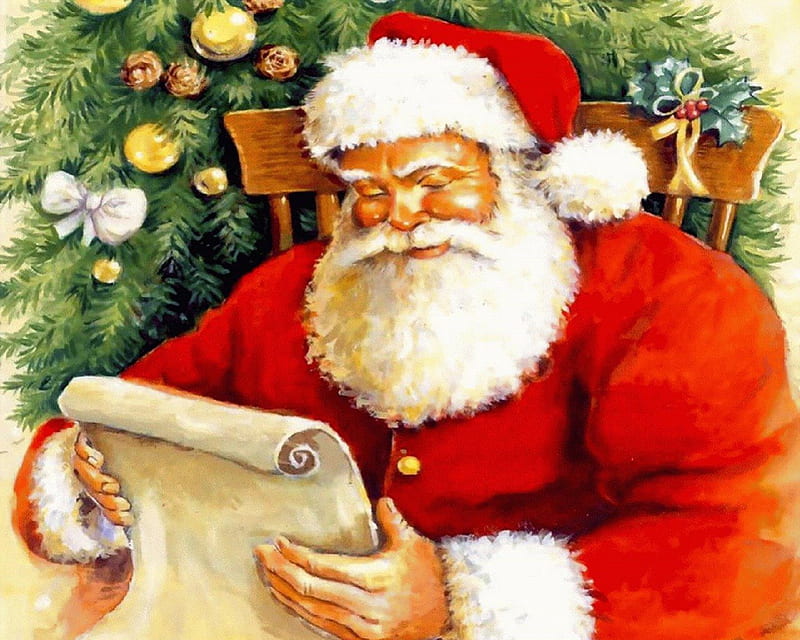 He Ckecking His List, list, tree, santa, christmas, HD wallpaper