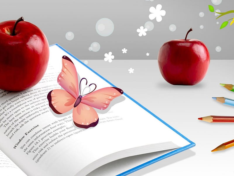 Day of knowledge, apple, pencils, red, butterfly, book, abstract, snow flakes, HD wallpaper