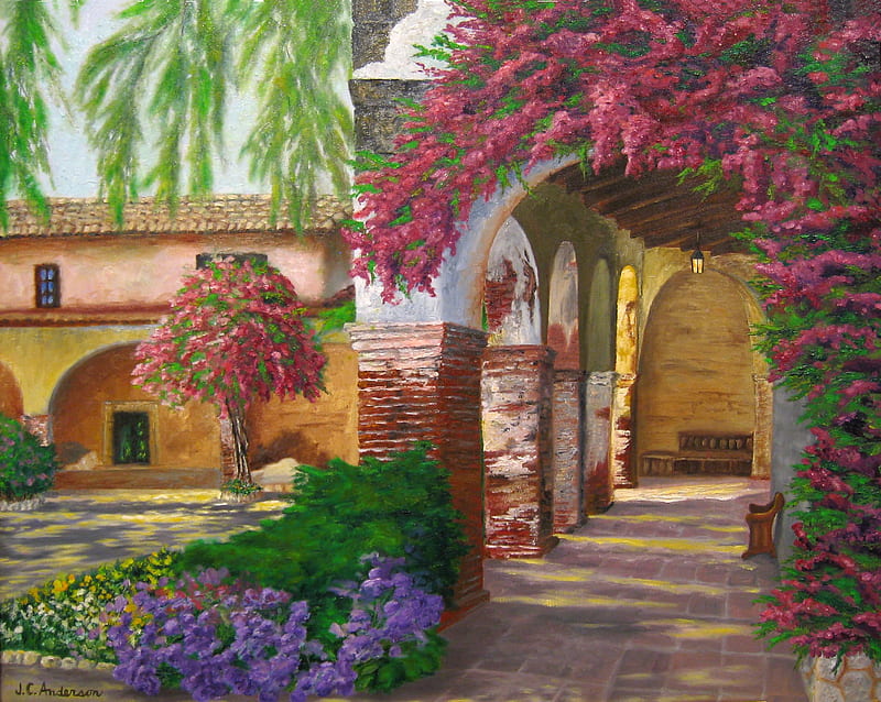 The Garden Courtyard, house, benches, archways, vines, garden, walks, trees, landscaped, HD wallpaper