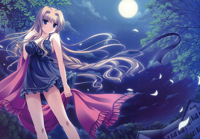 Chisha, wind, black, sky, moon, anime, midori no umi, anime girl, blue, night, HD wallpaper