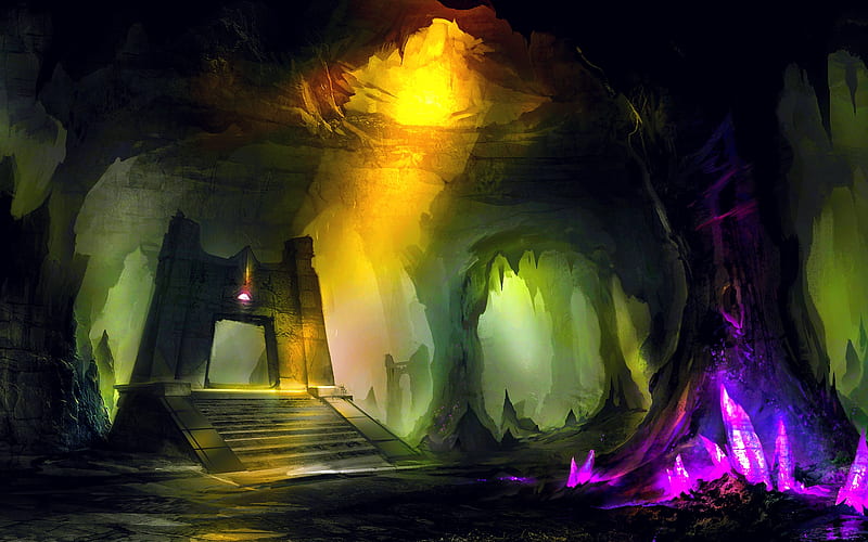 CRYSTAL CAVE, crystals, stalactites, art by yobarte, cave, pedestal, HD wallpaper