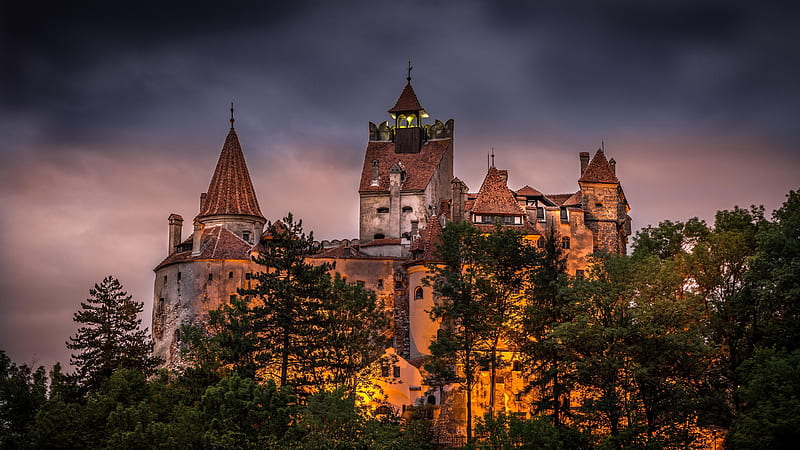 Bran Castle During Nighttime In Romania Travel, HD wallpaper