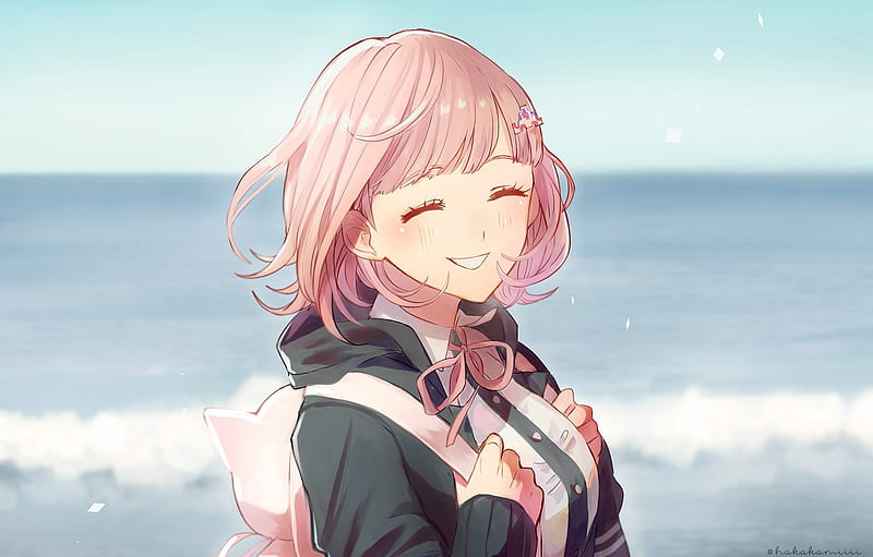nanami chiaki, pink hair, smiling, backpack, danganronpa 2, Anime, HD wallpaper