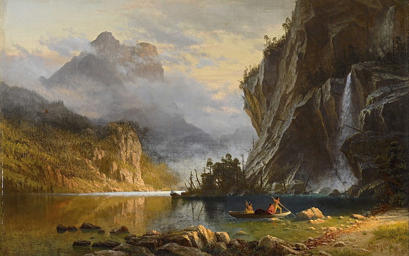 Indians Spear Fishing, mountain, art, water, luminos, painting, albert bierstadt, pictura, HD wallpaper