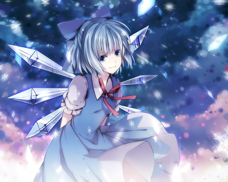 *Cirno*, cirno, crystals, wings, bonito, sky, clouds, cold, cute, girl, purple, anime, touhou, ice, fairy, snow flakes, blue, HD wallpaper