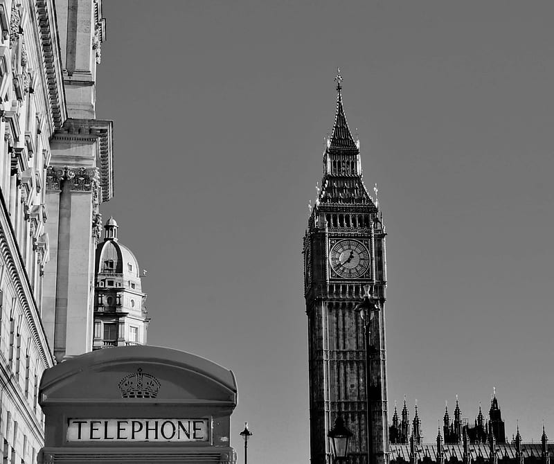 ancient, architecture, big ben, black and white, city, clock, clock tower, landmark, london, monochrome, sky, street, telephone booth, tower, travel, vintage - Rare Gallery, HD wallpaper