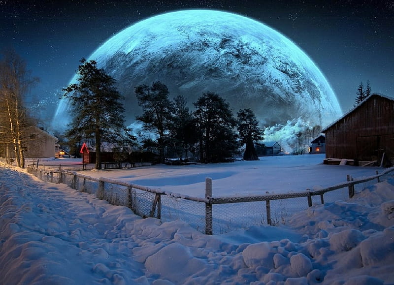 Winter Moon, moon, cabin, trees, winter, HD wallpaper