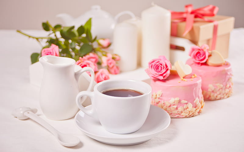 cake, rose, food, coffee, cup, white, pink, dessert, sweet, HD wallpaper