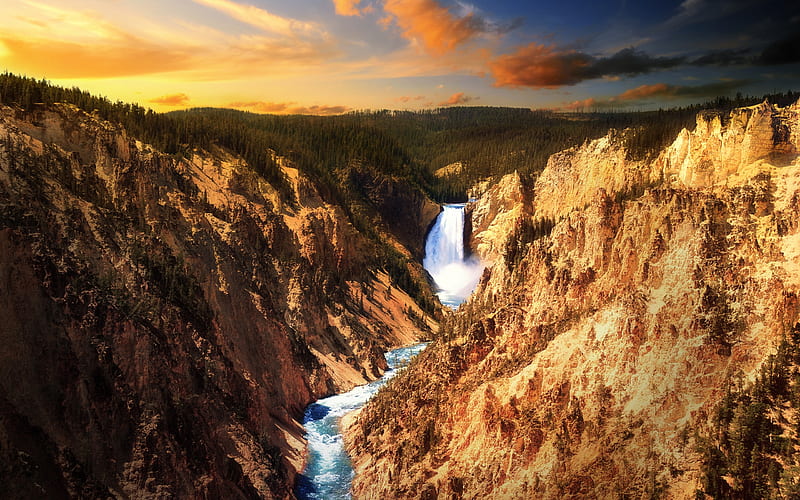 yellowstone national park, yellowstone falls, scenic, sunset, clouds, Nature, HD wallpaper