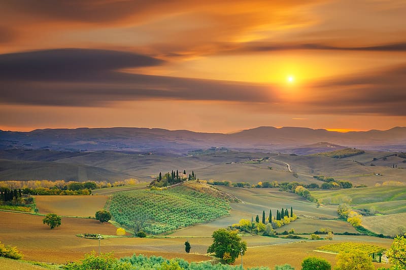 Sunset, Italy, Panorama, , Tuscany, HD wallpaper