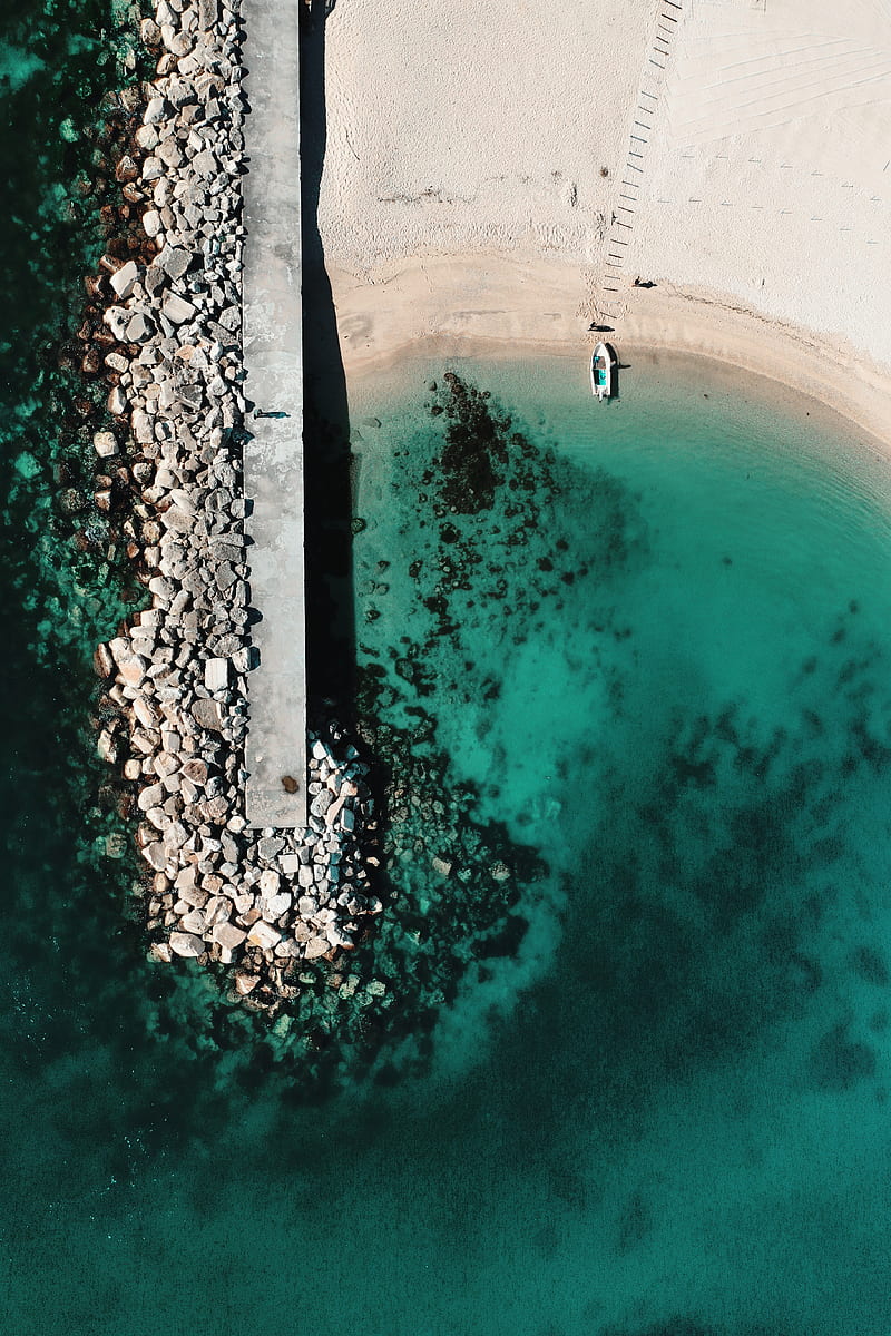 boat, sea, beach, stones, aerial view, HD phone wallpaper