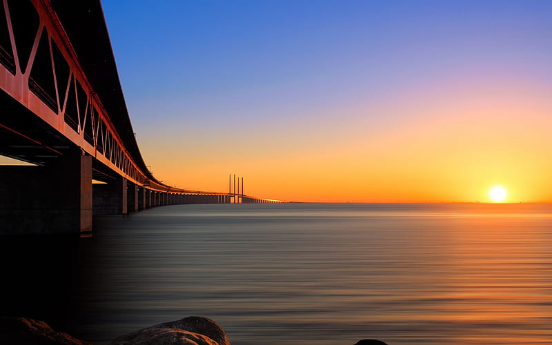 Oresund Bridge, Malmö, Straits of Öresund, sunset, Sweden, HD wallpaper