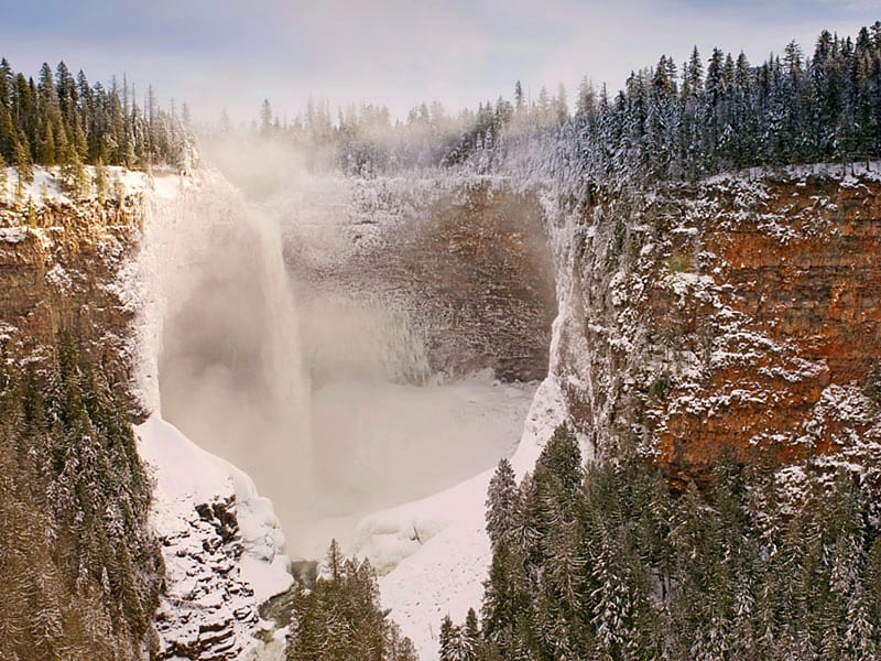 Helmcken Falls, mountain, green, brown, snow, white, trees, HD wallpaper