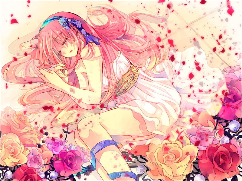 Megurine Luka, pretty, megurine, nice, anime, aqua, flowers, beauty, anime girl, vocaloids, art, black, singer, abstract, aqua eyes, cute, pink rose, cool, purple, awesome, white, idol, artistic, colorful, dress, rose, luka, bonito, thighhighs, program, contrast, pink, blue, vocaloid, music, diva, roses, song, girl, petals, virtual, pink hair, white dress, HD wallpaper
