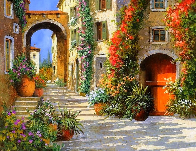 La Porta Rossa Sulla Salita, gate, romantic, Italy, shadow, stairs, paintings, landscapes, summer, flowers, red door, scenery, old village, tuscany, HD wallpaper