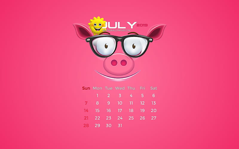 July 2019 Calendar summer, pink piggy, 2019 calendar, July 2019, creative, July 2019 calendar with pig, Calendar July 2019, piggy with sun, 2019 calendars, HD wallpaper